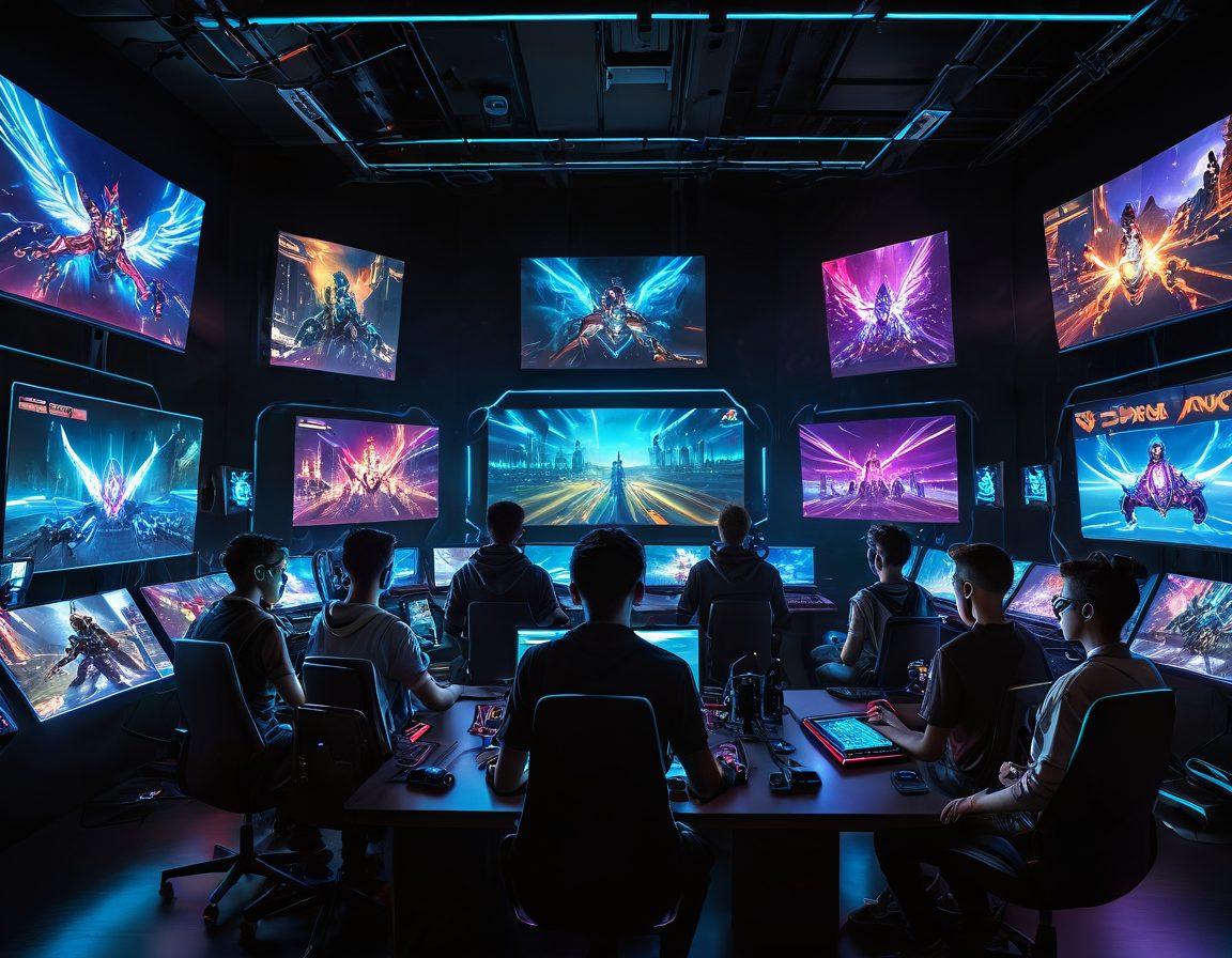A dynamic scene showcasing diverse gamers intensely competing in an online tournament, surrounded by vibrant screens displaying their avatars and scores, with bursts of energy and excitement in the air. Visuals of trophies and digital achievements emphasizing the thrill of competition. Include a virtual backdrop symbolizing connectivity and digital realms. explosive colors. cyberpunk style. futuristic design.