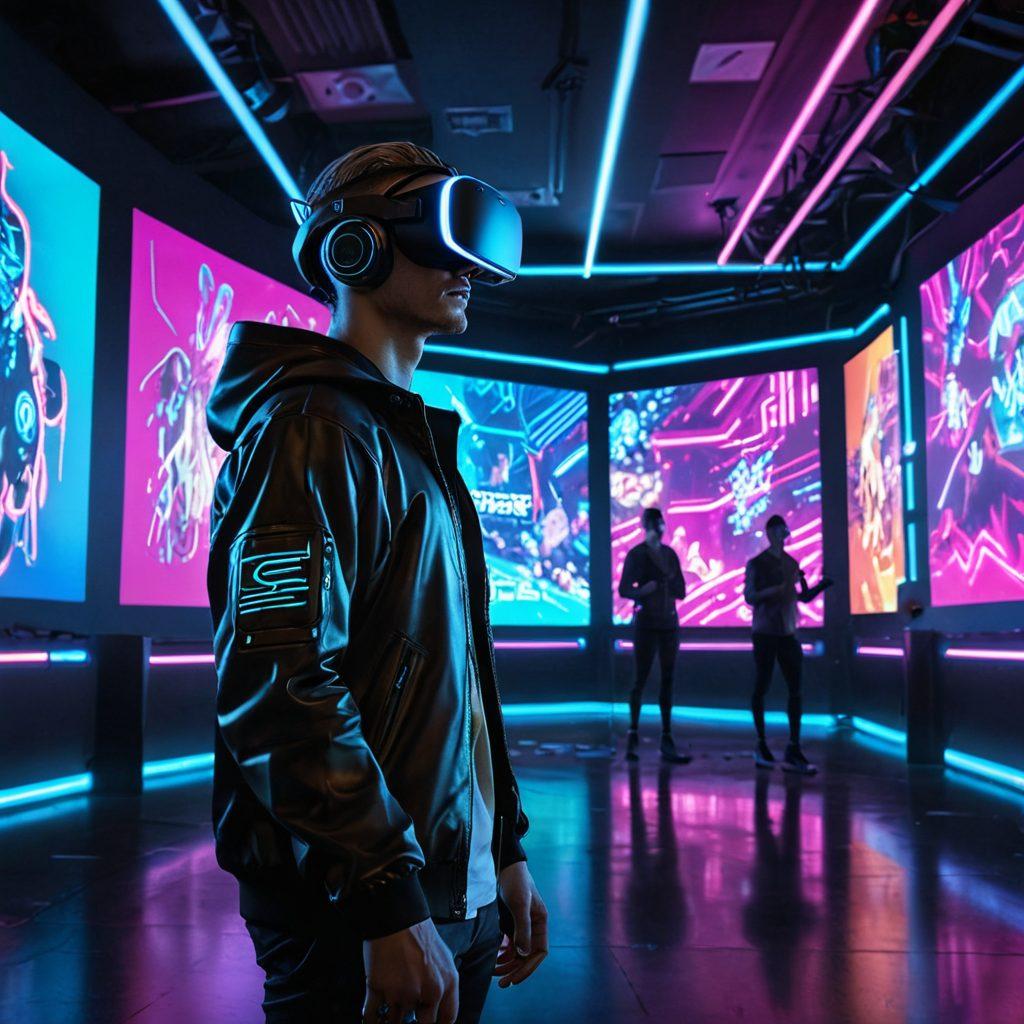 A futuristic gaming environment with diverse characters engaged in interactive play on various platforms, showcasing vibrant holographic displays and immersive landscapes. Include elements like virtual reality headsets, colorful gameplay mechanics, and digital avatars in action. The atmosphere should convey excitement and innovation. cyberpunk. vibrant colors. 3D.