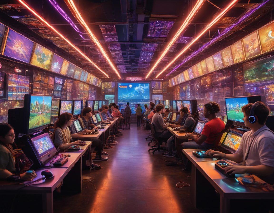 A lively scene showcasing a diverse group of gamers immersed in various gaming consoles, surrounded by colorful screens displaying iconic video game characters. Include elements of connectivity, such as glowing lines symbolizing virtual links between the players. The atmosphere should be vibrant and energetic, reflecting camaraderie and excitement in gaming. super-realistic. vibrant colors. dynamic composition.